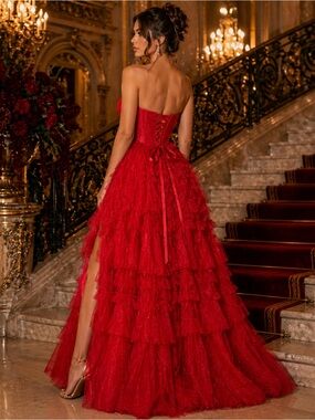 Red Strapless Corset Tulle Ruffle Formal Gown Size 2 NWT